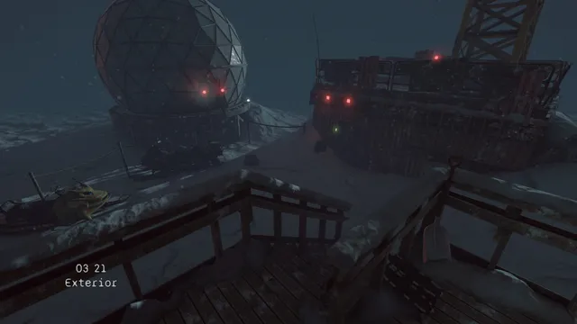 Camera view of a snowy outpost at night with a radar dome and red lights glowing in the dark