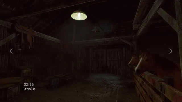 Camera view of a dark wooden stable with a horse looking out of its stall under a hanging lamp