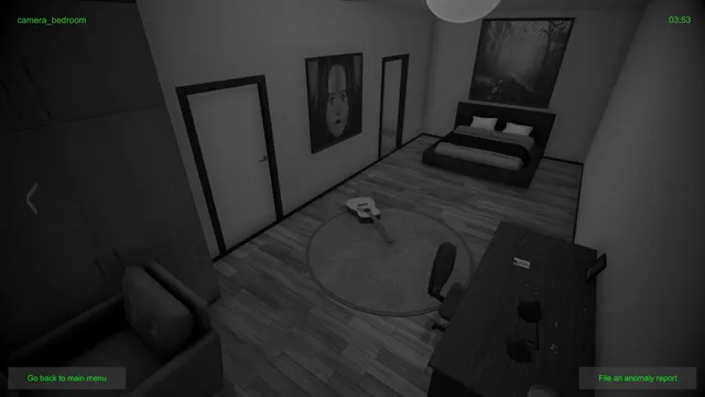 Camera view of a bedroom with a guitar on the rug and a portrait of a girl on the wall