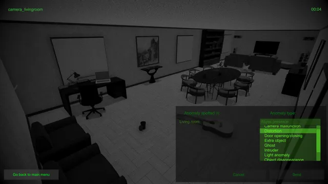 The living room camera with the report menu listing anomaly types such as ghost, intruder, distortion and object disappearance