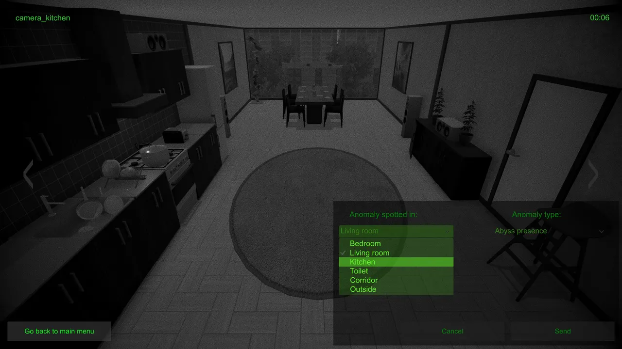 Night-vision camera view of a kitchen and dining area with the anomaly report menu open, listing rooms and an abyss presence type