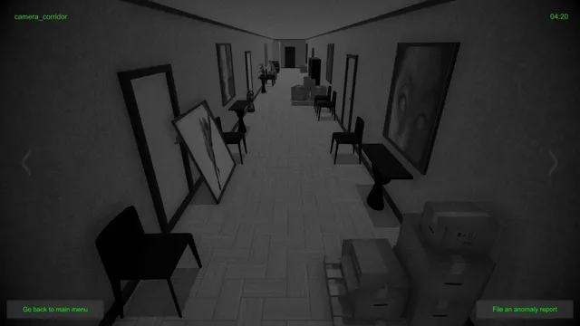 Grey CCTV view down a long corridor lined with chairs, boxes and large paintings