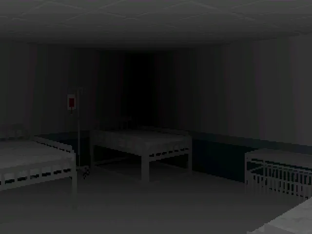 I See You screenshot: a dim hospital ward with empty beds and an IV stand holding a bag of blood