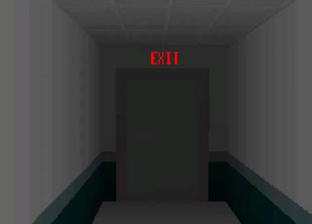 I See You screenshot: a grey hospital corridor ending in a door under a red EXIT sign