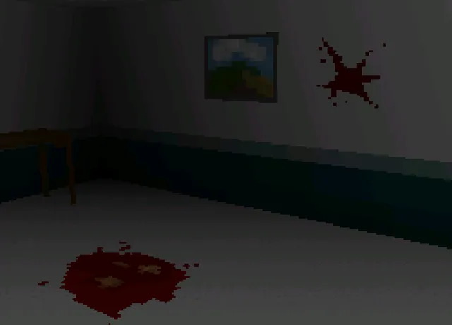 I See You screenshot: a dark room with blood pooled on the floor and splashed on the wall beside a painting