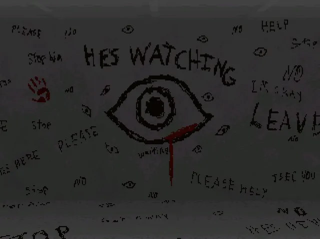 I See You screenshot: a hospital wall scrawled with a bleeding eye, the words HES WATCHING, PLEASE HELP and LEAVE, and a bloody handprint