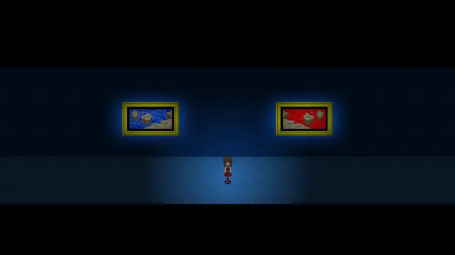 Ib screenshot: Ib in her red skirt walks a dark blue gallery corridor between two glowing framed paintings