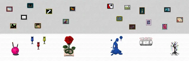 Ib artwork: pixel-art paintings in frames on a grey gallery wall above a red rose in a vase, headless mannequin dresses, a dripping blue woman and other exhibits