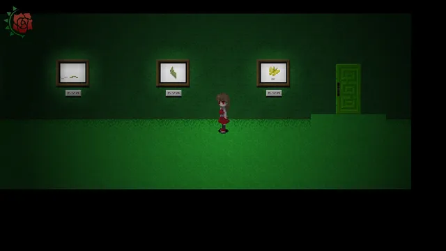 Ib screenshot: Ib in a green room lined with three small framed pictures beside a green door, her red rose shown in the corner