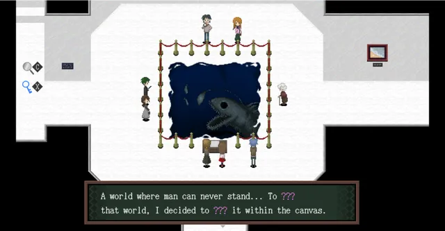 Ib screenshot: visitors stand around a large roped-off painting of a fanged deep-sea fish in a white gallery room, with a caption about a world where man can never stand