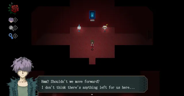 Ib screenshot: Ib in a dark red room with two small statues and a blue painting, while a lavender-haired companion asks whether they should move on