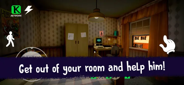 Ice Scream 1 screenshot: a child's bedroom at dusk with a wardrobe, desk and computer, and touch controls on screen