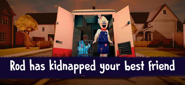 Ice Scream 1 screenshot: Rod stands in the open back of his ice cream van on a sunny street, a frozen boy in a box behind him