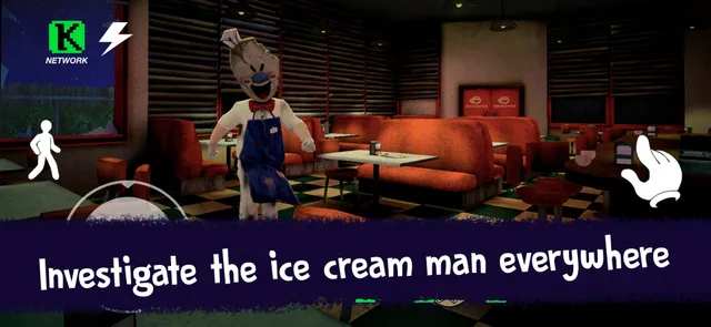 Ice Scream 1 screenshot: Rod in his apron walks through an empty diner with red booths