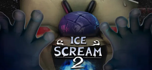 Ice Scream 2 key art: Rod's gloved hands reach out on either side of the title, his masked face with a purple nose behind it