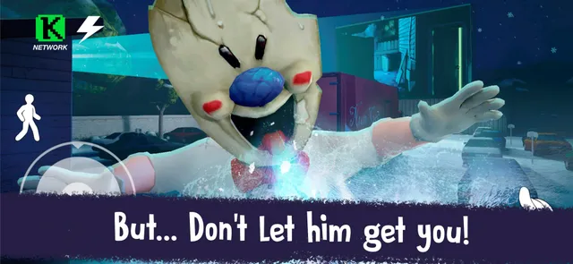 Ice Scream 2 screenshot: Rod in his grinning mask lunges at the player on a frosty night street