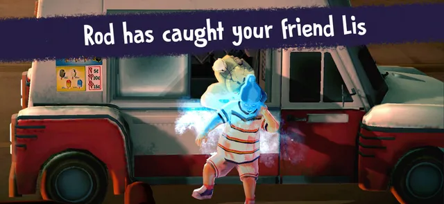 Ice Scream 2 screenshot: Lis, frozen in blue light, in front of Rod's red and white ice cream van