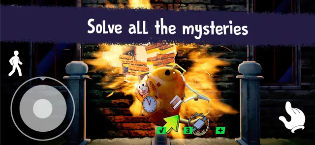 Ice Scream 2 screenshot: a puzzle contraption with a clock and a cat figure bursts through a brick wall, with touch controls on screen