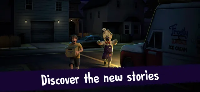 Ice Scream 3 screenshot: a boy carrying a box runs down a night street as Rod follows him past his Frosty ice cream van