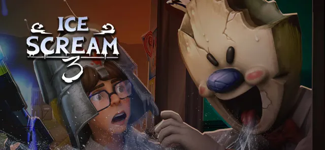 Ice Scream 3 key art: Mike, in glasses and a metal pot helmet, looks back in fear as Rod leans in beside him with his cracked grinning mask