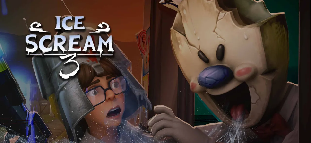 Ice Scream 3 key art: Mike, in glasses and a metal pot helmet, looks back in fear as Rod leans in beside him with his cracked grinning mask