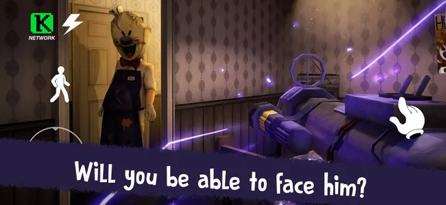 Ice Scream 3 screenshot: Rod in a stained apron stands in a doorway of a wallpapered room while the player holds a device crackling with purple light