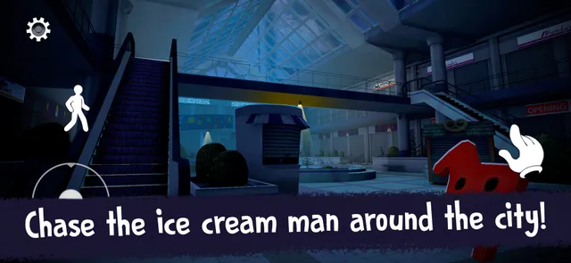 Ice Scream 3 screenshot: a dark shopping mall at night with stairs and a red toy horse, touch controls on screen