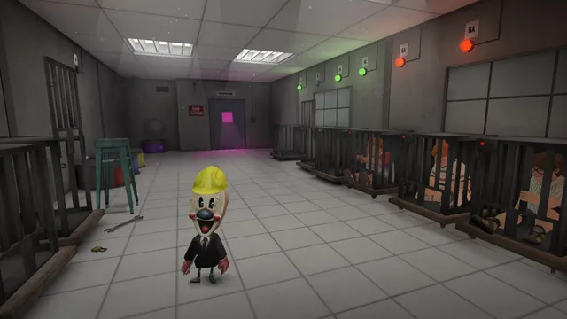 Ice Scream 4 screenshot: a small Mini Rod guard in a hard hat stands in a tiled room where the captured children sit in cages beside the extraction room door