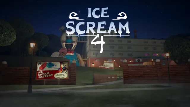 Ice Scream 4 title screen: the Ice Scream 4 logo over Rod's ice cream factory at night, with a giant grinning ice cream man statue and a Frosty van