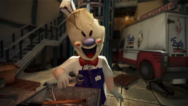Ice Scream 4 screenshot: Rod, in his cracked grinning ice cream mask, red bow tie and stained apron, holds a wrench beside a Frosty ice cream van in his factory garage