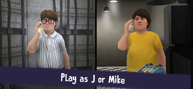 Ice Scream 5 screenshot captioned Play as J or Mike: the two boys talk on telephones in different parts of the factory