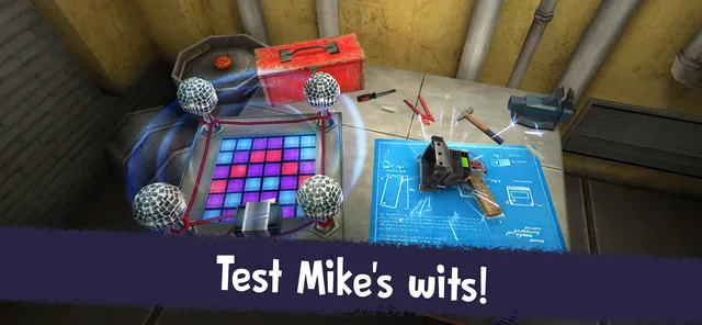 Ice Scream 5 screenshot captioned Test Mike's wits: a coloured light-grid puzzle on a workbench with tools and blueprints