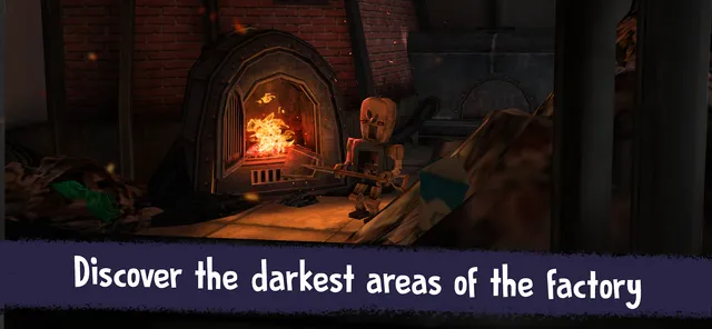 Ice Scream 5 screenshot captioned Discover the darkest areas of the factory: a glowing furnace in a dark brick room with a small robot beside it