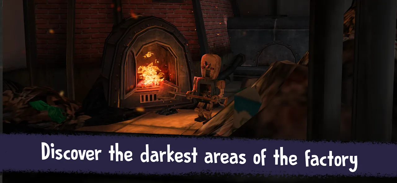 Ice Scream 5 screenshot captioned Discover the darkest areas of the factory: a glowing furnace in a dark brick room with a small robot beside it