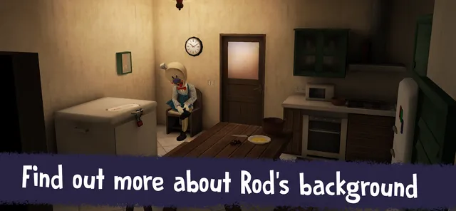 Ice Scream 5 screenshot captioned Find out more about Rod's background: Rod in his ice cream mask sits on a chair in a plain old kitchen