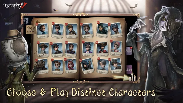 Identity V store image: a book of Survivor profile portraits, flanked by a Survivor with a sack over his head and a pale Hunter with long hair