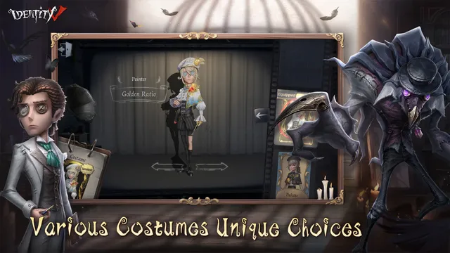 Identity V store image: a costume screen for the Painter, beside a winged Hunter in a top hat with glowing purple eyes