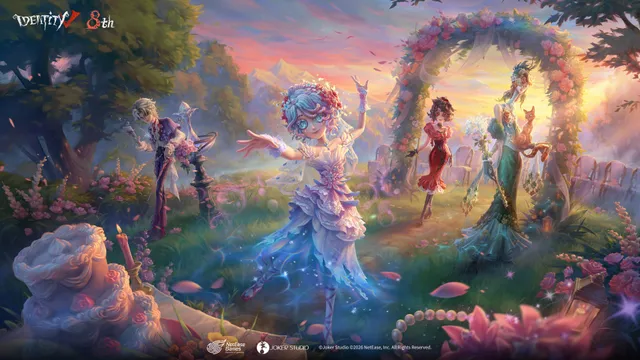 Identity V anniversary art: characters in elaborate costumes dance in a garden of roses beneath a flowered arch at sunset