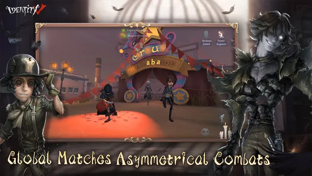 Identity V store image: a match screen of characters in front of a circus tent, framed by a Survivor in a top hat and a dark winged Hunter