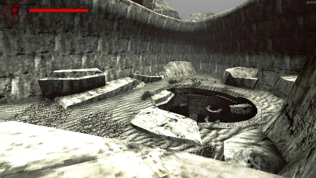 Idols of Ash screenshot: a round pit opens in the floor of a pale stone enclosure among broken blocks