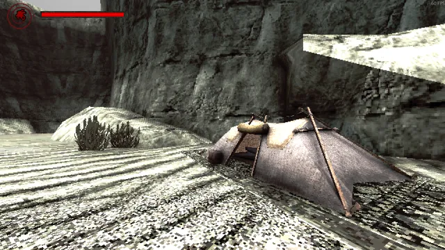 Idols of Ash screenshot: a battered tent at the bottom of a pale, pixelated rock canyon