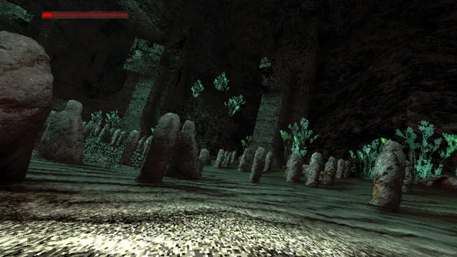 Idols of Ash screenshot: a dark cave floor crowded with weathered stone idols and pale green plants
