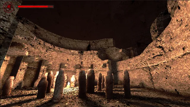 Idols of Ash screenshot: a vast underground chamber lit orange, ringed by rows of rough standing stone idols