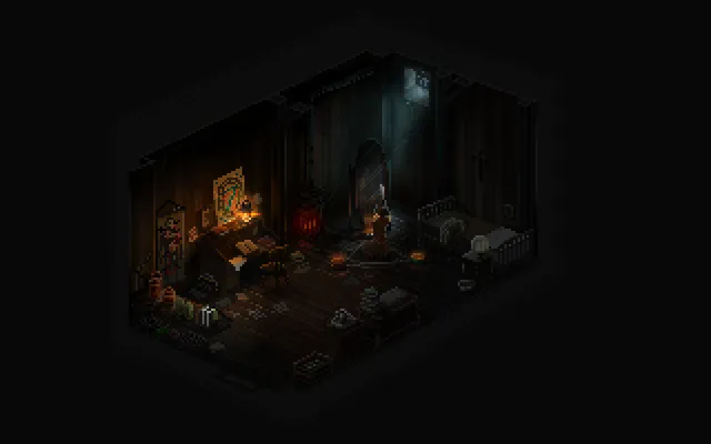 If On A Winter's Night, Four Travelers screenshot: a dim, cluttered room lit by candles