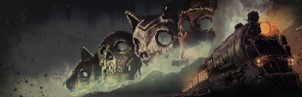If On A Winter's Night, Four Travelers key art: a steam train racing through the night beside four giant masked faces in the smoke