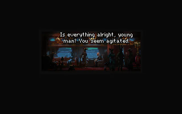 If On A Winter's Night, Four Travelers screenshot: masked guests in a train carriage and a voice asking is everything alright, young man
