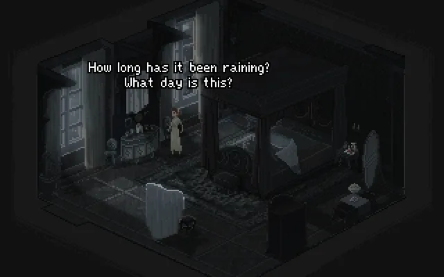 If On A Winter's Night, Four Travelers screenshot: a dark, grey bedroom and a woman asking how long has it been raining, what day is this