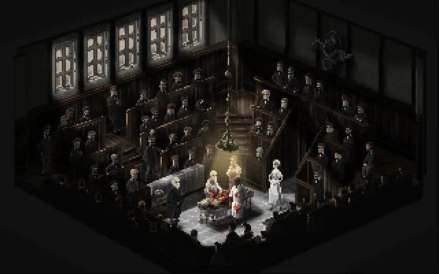 If On A Winter's Night, Four Travelers screenshot: a lecture theatre full of watching men around a body on a table
