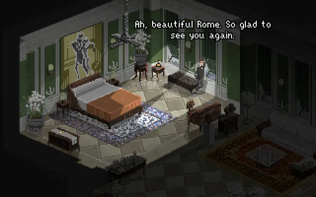 If On A Winter's Night, Four Travelers screenshot: a man in a luxurious Rome hotel room saying ah, beautiful Rome, so glad to see you again