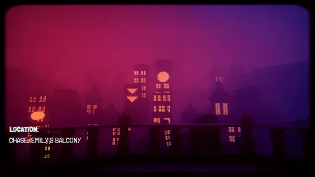 Ignited Entry screenshot: a city at night in purple haze seen from a balcony, labelled Chase and Emily's balcony